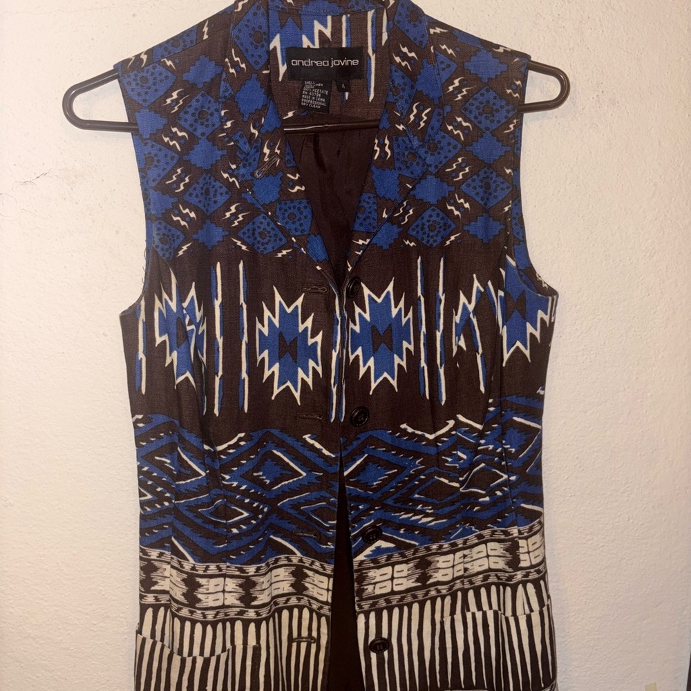 Vintage Andrea Jovine Geometric Blue and Brown Button Down Shirt